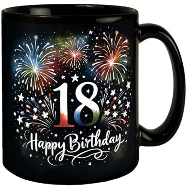 18. Geburtstag Feuerwerk Tasse in Schwarz mit Spruch Happy Birthday 18 für achtzehn Jahre Perfekt für Ihre Feier und Glückwunsch-Fest