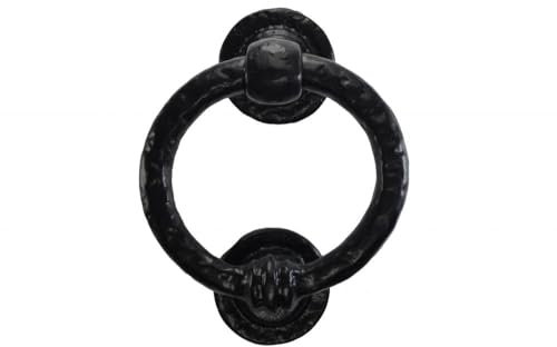 Cast Iron Ring Front Door Knocker, Black Finish, Heavy Duty with Bolt Through Fittings