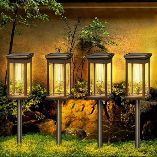 Probuk Luci Solari da Giardino,4 Pezzi Lampade Solari da Giardino con Bianco Caldo,IP65 Impermeabile,Luci Solari Esterno Terra Decorazione per Patio, Cortile, Prato