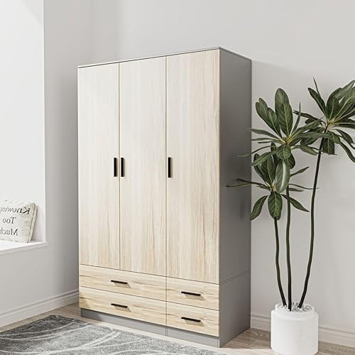 URBNLIVING Modern 3 Door 4 Drawer Wardrobe with Hanging Rail, Bedroom Furniture, Storage Shelf Clothes Organiser Stylish Design, Ample Storage Solution (Grey & Oak)