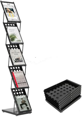 RUETERY Faltbar Prospektständer, 5 Etagen Flyerständer, Literaturständer aus Eisen, Prospektständer A4, Zeitungsständer, Freistehend Zeitschriftenständer, für Bürobereichen, Bibliotheken, Messen
