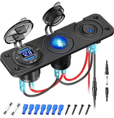 KKMOL Enchufe de 12 voltios, 3 en 1 marina de panel de conmutación combinación con 4 puertos USB, doble PD y puertos USB QC3.0 de aluminio, cargador de coche de 150 W, panel de cargador con