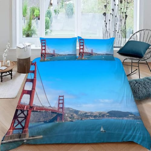 Luowenji Bettwäsche 155x200 Golden Gate Bridge, Usa Bettwäsche-Sets 3D Landschaft Bettbezug 155x200 3 Teilig Bettbezüge Weiche Mikrofaser und 2 Kissenbezug 80x80 mit Reißverschluss a-2217