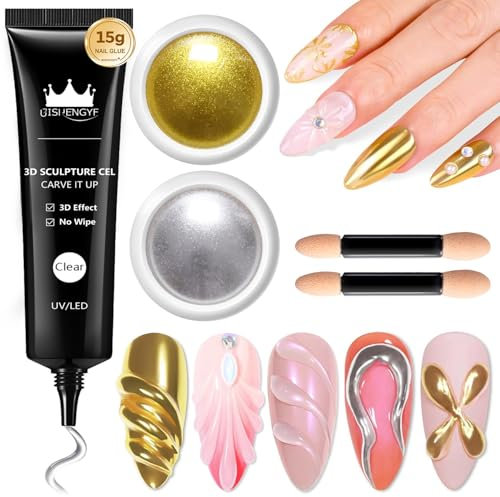 BISHENGYF No Wipe 3D Sculpture Gel: Rose Gold Silver 2 PCS Metallic Mirror Effect Chrome Nail Powder and Embossing 3D Nail Gel Set for Nail Designs DIY Nail Painting Carved
