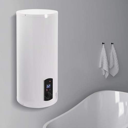 ieLsngai Chauffe-eau électrique Vertical 60L, Réservoir Mural 2000W, Chauffe-eau Vertical Moderne Blanc avec écran LED, IPX4