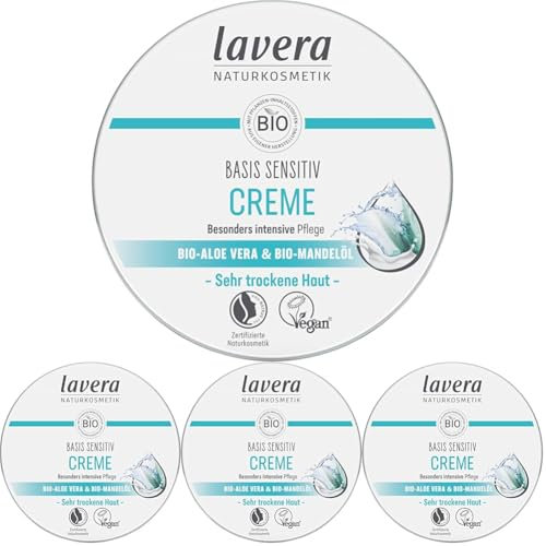 lavera Basis Sensitiv Allzweckcreme - intensive Pflege für trockene Haut - Bio-Aloe Vera & Mandelöl - feuchtigkeitsspendend - VEGAN - 150 ml (Packung mit 4)