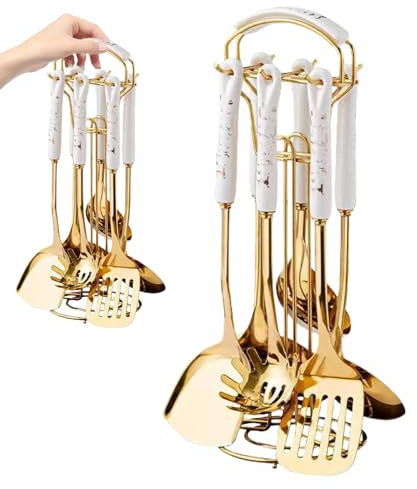 Kalastussaari 7Pcs/Set Gold Kitchen Utensils Set, Cooking Utensils Set with Utensil Holder Hanging Metal Kitchenware Set Include Spatula, Ladle, Pasta Spoon (Golden)