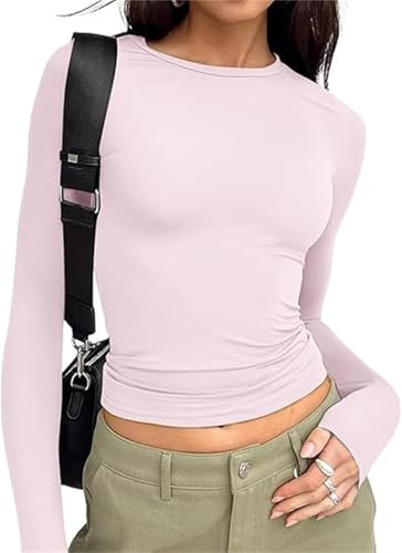 Women's Casual Crop Tops Slim Fit Top Crew Neck Long Sleeve Tight T-Shirt Basic Blouse Tee Tops