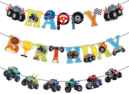 3 Stück Monster Truck Happy Birthday Banner Rennwagen Thema Geburtstag Party Dekorationen Schwerer LKW Party Banner Hängende Wimpelkette Girlande für Babyparty Supplies