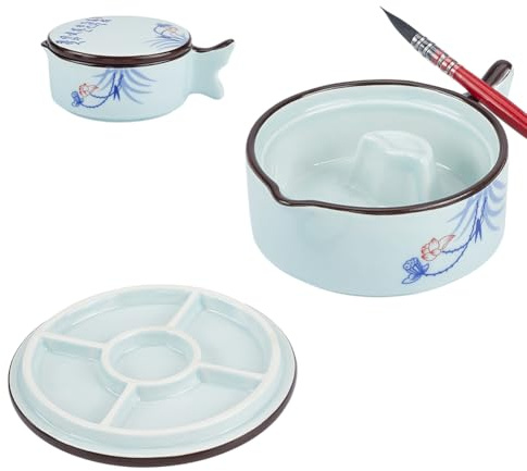 PH PandaHall Plato de tinta de porcelana con forma de pez, caligrafía, tintero, loto, patrón de bambú, placa de tinta de cerámica con soporte para pinceles, cuenco multifuncional para caligrafía de