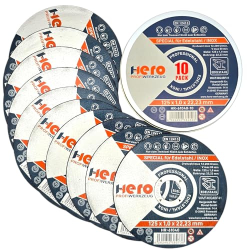 HERO Trennscheiben 125 x 1,0 mm INOX Edelstahl – 10x Flexscheiben für Winkelschleifer – Dünne Metall Trennscheiben Profi Qualität - in robuster Blechdose