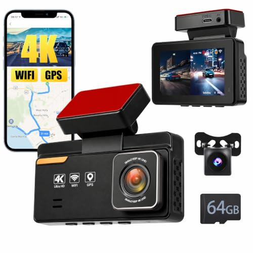 Inefala 4K Dashcam Auto Vorne Hinten mit WiFi & APP GPS 3 Zoll IPS | Vorne Hinten 4K+1080P, Auto Kamera mit WiFi & APP Steuerung, GPS, 64GB, G-Sensor, Parküberwachung, Nachtsicht
