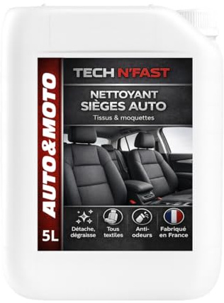 Nettoyant Sièges Auto Tissu & Moquettes 5L Tech N'Fast– Détachant Textile Auto, Anti-Odeurs, pour Tapis et Intérieurs Voiture – Usage Pulvérisateur ou Shampouineuse – Fabriqué en France