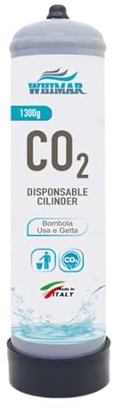 Whimar CO2-Flasche für Aquarium, 1300 g, Standardanschluss 10 x 1 mm mit Fuß, Kohlendioxid für CO2-Anlagen Aquarien, hergestellt in Italien