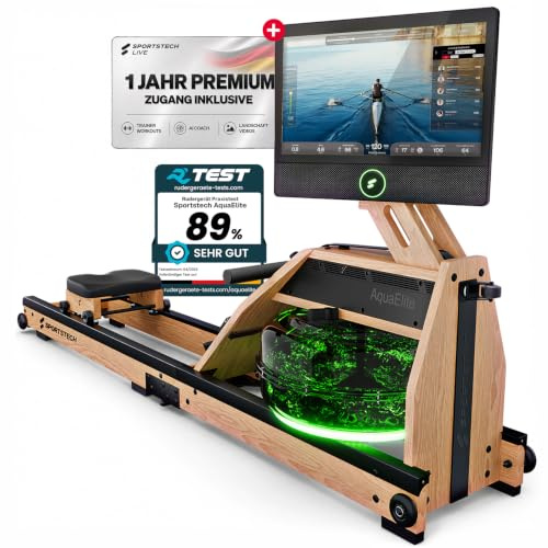 Sportstech AquaElite, Wasser Rudergerät für zu Hause, authentisches Rudererlebnis, Cardio Ganzkörpertraining, Massivholz, klappbar, 10,1 oder 21,5 Display, inkl.12 Monate App Premium-Mitgliedschaft