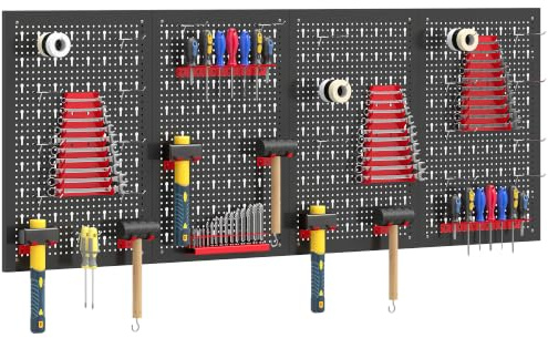 HOMCOM 38 Pcs Wall-Mounted Pegboard with Hooks, 4 Panels, Black and Red | Storage Shelves, Garage DIY Storage Unit