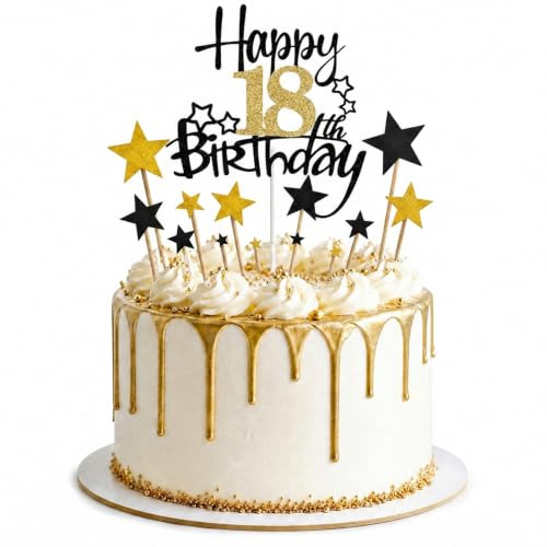 JEKUGOT 18th Birthday Cake Topper, Black and Gold Personalised Cake Toppers for Girl Boy and Women, 18th Birthday Decorations for Themed Party