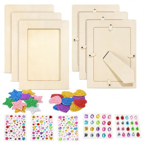 Bilderrahmen Holz Set, 6 Stück Holzbilderrahmen, Holzrahmen Leerrahmen zum Bemalen für Kinder Geburtstage, DIY Bastelset mit 3 Sorten Glitzersteinen & 3D Sternstickern