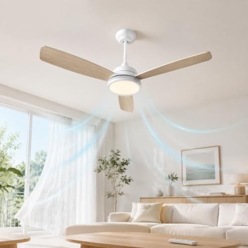 Aigostar Ventilador de Techo con Luz Silencioso 52″, Motor DC Reversible 25W, Mando a Distancia, 6 Velocidades, Luz Regulable (2700K-6500K), Ideal para Dormitorio, Sala o Cocina. Ø132 cm