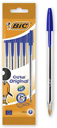 Bic Cristal Original Bolígrafos - Blíster de 5 Unidad, Espunta Media (1.0 mm), Color Azul