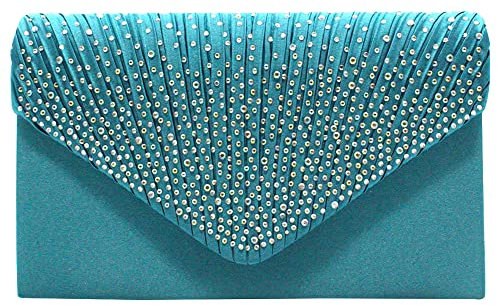 wocharm Womens Ladies Satin Diamante Clutch Bag Envelope Handbag Evening Bridal Bag Wedding Fashion Prom Vintage Shoulder Bags(Teal blue)