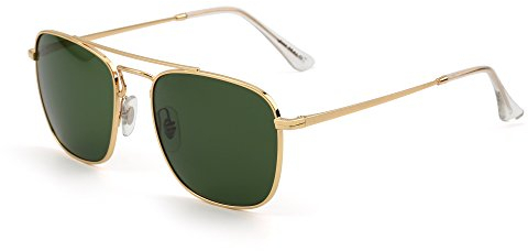 JIM HALO Rétro Carré Aviateur Lunettes de Soleil Premium Verre Lentille Plat Métal Lunette Solaire Hommes Femmes (Or/Vert)
