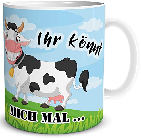 TRIOSK Tasse Kuh lustig mit Spruch Ihr könnt Mich mal Kuhmotiv Geschenk für Kuhliebhaber Arbeit Büro Frauen Freundin Kollegin, Keramik 300ml
