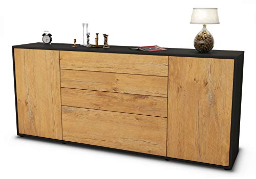Stil.Zeit Sideboard Eleni, Korpus anthrazit matt, Front Holz-Design Eiche (180x79x35cm) Push-to-Open Technik & Leichtlaufschienen