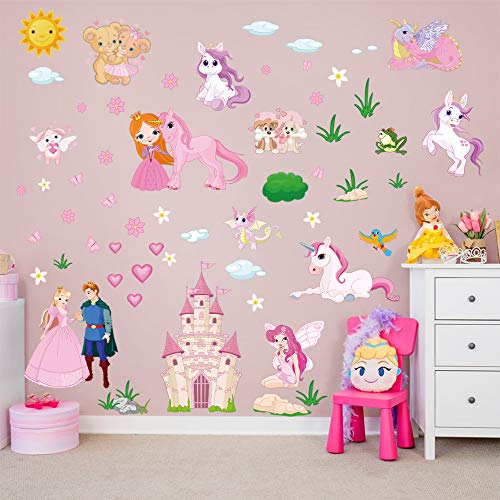 decalmile Wandtattoo Einhorn Prinzessin Wandsticker Fee Schloss Wandaufkleber Kinderzimmer Mädchen Babyzimmer Schlafzimmer Wanddeko