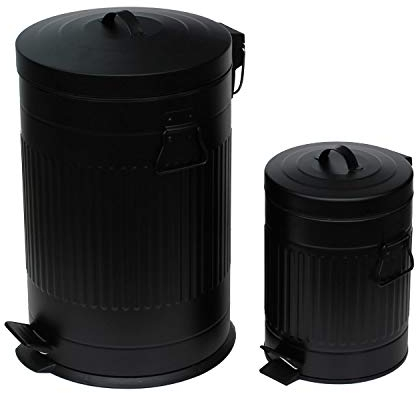 2PC Traditional Pedal Dustbin Set: 20L 20 Litre & 5L 5 Litre Duo Set - Black - Vintage Style Indoor Metal Pedal Dustbin Set with Removable Inner Bucket.