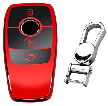 M.JVisun Soft TPU Case Cover Protector Car Remote Key Fob Case For Mercedes-Benz 2019-2022 A Class C Class G Class 2017-2022 E Class 2018-2021 S Class Fob Remote Key - Glossy Red - Metal Keychain