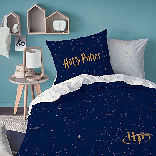 Harry Potter Iconic Parure de Lit Enfant 140x200 cm | 100% Coton | Oeko-TEX | Housse de Couette Enfant 1 Personne 140x200 cm + 1 Taie d'oreiller 63x63 cm Imprimées Réversibles | Bleu Marine