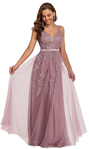Ever-Pretty Abito da Festa Scollo a V Senza Maniche con Appliques Stile Impero Linea ad A Lunghezza del Piano da Donna Orchidea 54EU