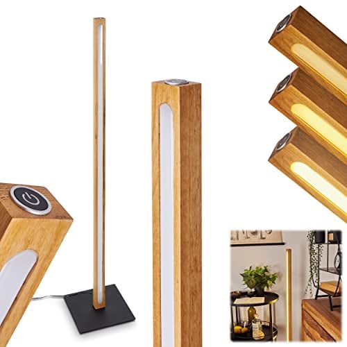 LED Stehleuchte Madou, Bodenlampe aus Metall/Holz in Schwarz/Natur/Weiß, dimmbare Stehlampe mit Tastdimmer am Gehäuse, 20 Watt, 2300 Lumen, 3000 Kelvin (warmweiß)