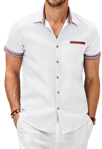 COOFANDY Men's Shirt Short Sleeve Denim Summer Cotton Slim Fit Work Business Shirts Western Cowboy Button Up Casual Jean Top White S