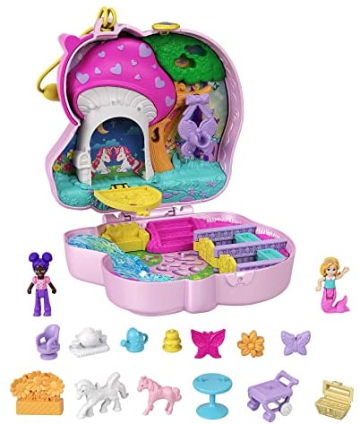 Polly Pocket Einhorn, in Wald-Wunder Thema, mit 13 Zubehörteilen wie 2 Puppen (1 Meerjungfrau), Teeset und Einhorn Haustiere, Spielzeug ab 4 Jahre, HCG20