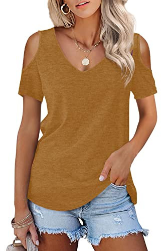 Beluring Women V Neck Shirts Casual Short Sleeve Off The Shoulder Tops Brown Size 12 14