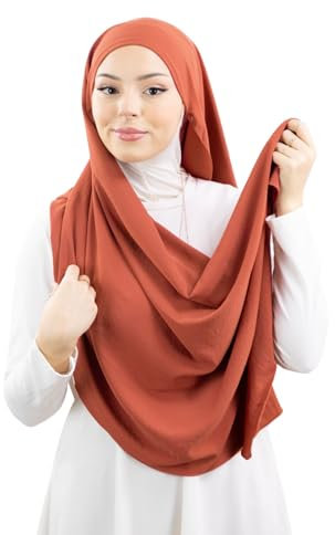 HE700 Damen-Hijab zum Hineinschlüpfen mit Knotenmütze, luxuriöser Medinenseide, Ziegelrot, One size