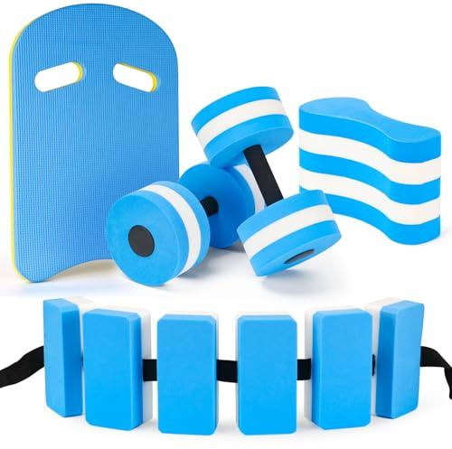 NEAGLORY 5 Pieces Water Aerobics Set Aquatic Exercise Set Pool Fitness Equipment with Foam Dumbbell, Swim Kickboard, Pull Buoy, Aquatic Swim Belt for Water Workout, Blue