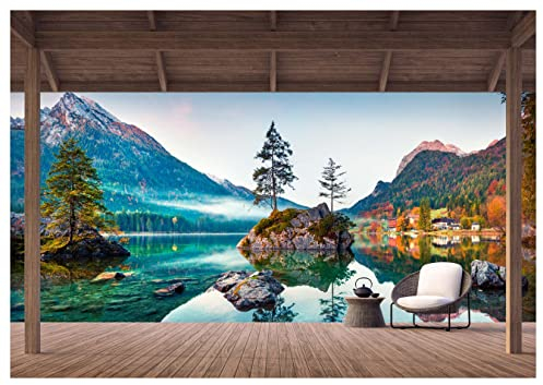 wandmotiv24 Fototapete Ausblick Terrasse Landschaft See, XL 350 x 245 cm - 7 Teile, Wanddeko, Wandbild, Wandtapete, Sessel Teekanne Berge Wasser Holz Pergola M6843