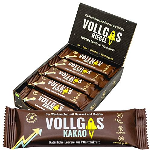 Vollgas Riegel Kakao - Energieriegel mit 84mg Koffein - Vegan, BIO, Glutenfrei - Leicht Verträglich - Sportriegel für Radsport, Laufen, Wandern - Vor und Während dem Sport