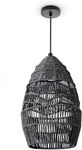Paco Home Pendelleuchte Wohnzimmer Boho Korbleuchten Pendellampe Rattan Hängeleuchte Esszimmer Lampe Papier E27, Lampenart:Pendelleuchte - Typ 4, Farbe:Schwarz (Ø30cm)