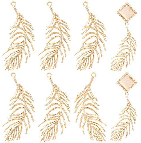 BENECREAT 12 Stück Federanhänger Aus Echtem 18K Vergoldetem Messing, 37.5x12.5x1.5mm/1.5x0.5x0.06inch Feder Charms Anhänger Für DIY Ohrringe Halsketten Armbänder, Bohrung: 1.2 mm