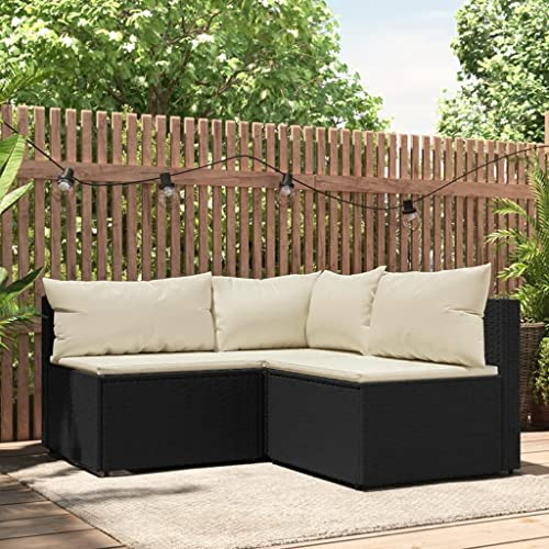 Hommdiy Gartenmöbel Set Balkonmöbel 3-TLG. Garten-Lounge-Set mit Kissen Schwarz Poly Rattan, Schwarz und Cremeweiß, furniture-101