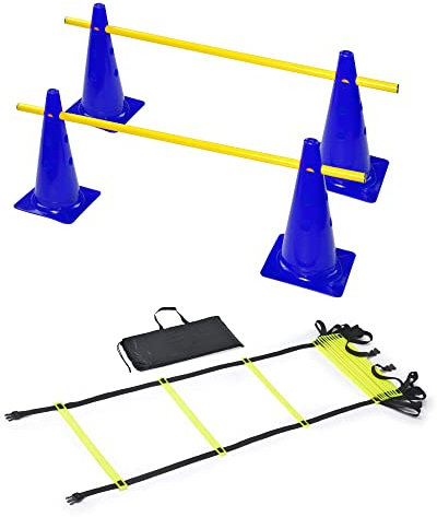 RHINOS sports Agility Trainings-Set | Koordinationsleiter 4m inkl. Tasche + Steckhürdenset 2er | 4 Blaue Kegel: 30cm | 2 gelbe Stangen: 1m