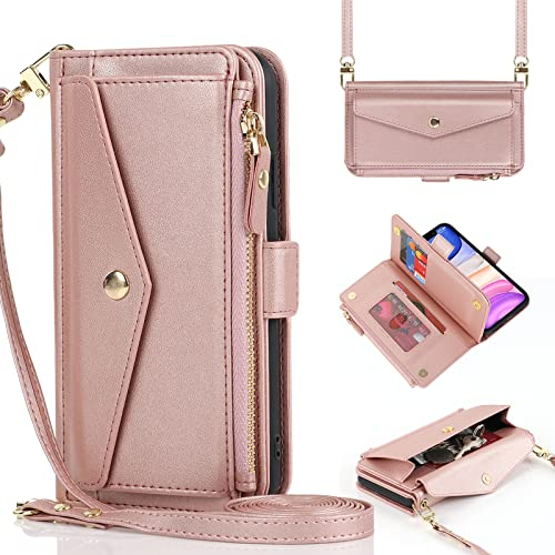 Cavor Coque Compatible avec iPhone 11 Etui avec Cordon,Flip Portefeuille Étui Cuir,[9 Porte Cartes][Poche zippée],Collier Coque Housse Etui Compatible avec iPhone 11 - Or Rose