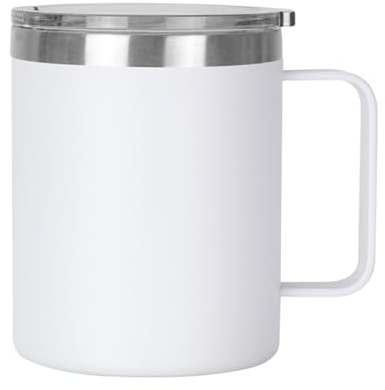 Gteller Taza de café de 12 onzas con asa, vaso de acero inoxidable de doble pared aislada para mantener el calor y el frío (blanco)