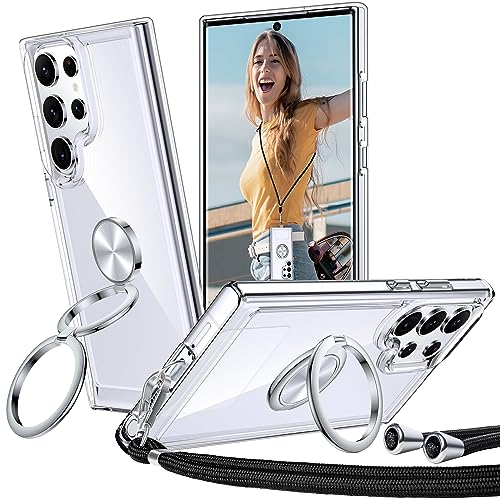 XYZ Coque pour Samsung Galaxy S22 Ultra avec Cordon, Double Anneau Support, Fine, Résistante aux Chocs, Anti-Rayures Coque Samsung S22 Ultra - Transparent