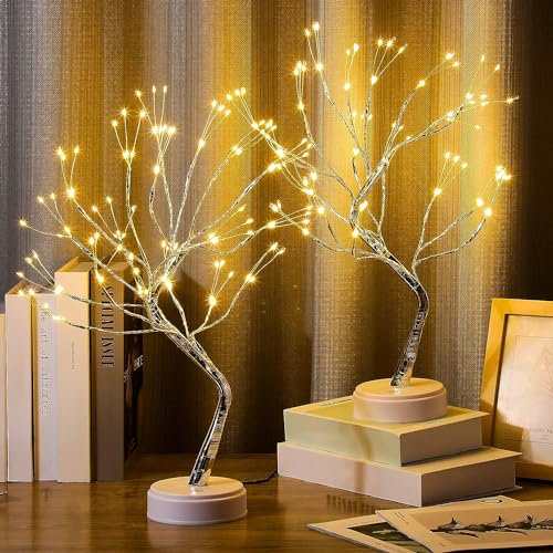 XhuangTech - Lampada a forma di albero bonsai da tavolo, con 108 LED, con filo di rame, funzionamento a batteria/USB, per camera da letto, scrivania, festa di Natale (Bianco Caldo (2 Pack))