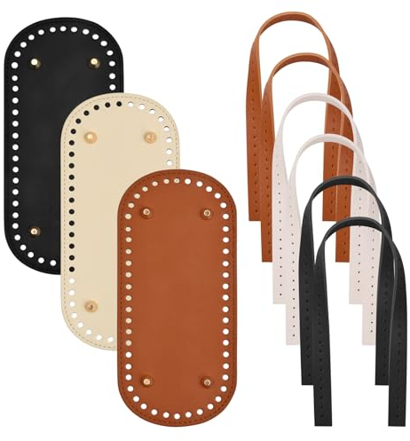 Tibapla 3 Stück Taschenboden zum Häkeln Leder, Oval Tasche Taschenboden Mit 6 PU-Schultergurten, Kunstleder Boden Tasche Häkeln Mit Löchern für Handtasche Strickbeutel, DIY-Zubehör, 3 Farben